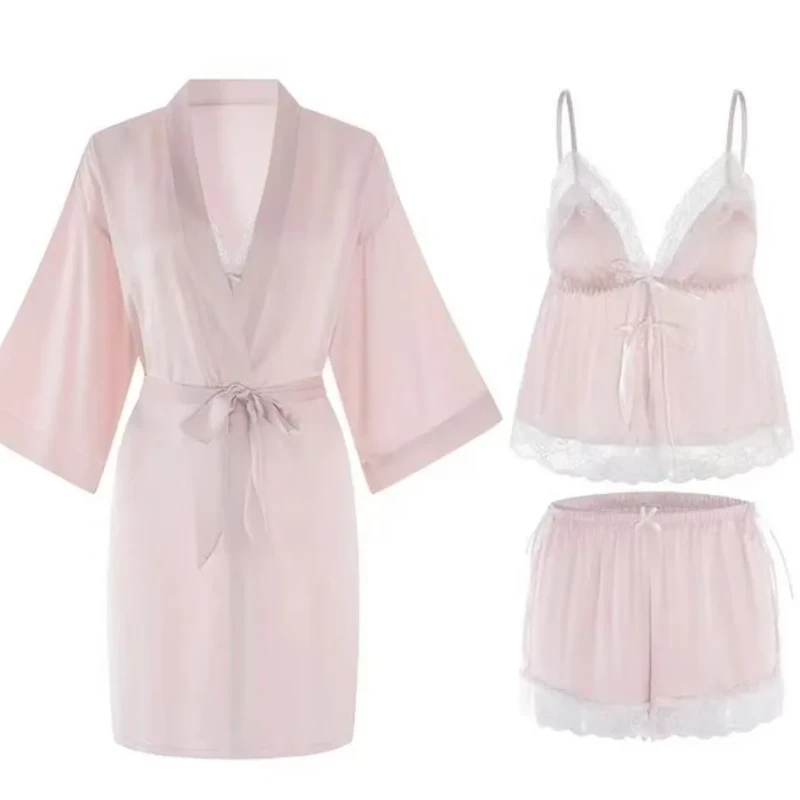 Women's Summer Nightgown Breathable Ice Silk Lace Camisole Shorts Fashionable ODM Pajamas Set Elastic Waist Closure