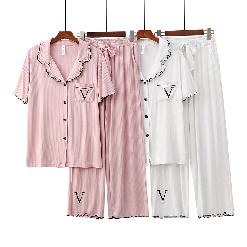 Women's Summer Pajamas Modal Wide Groove Pajama Set Spring Autumn Cardigan Turn down Collar Short Sleeve Long Pants Loungewear