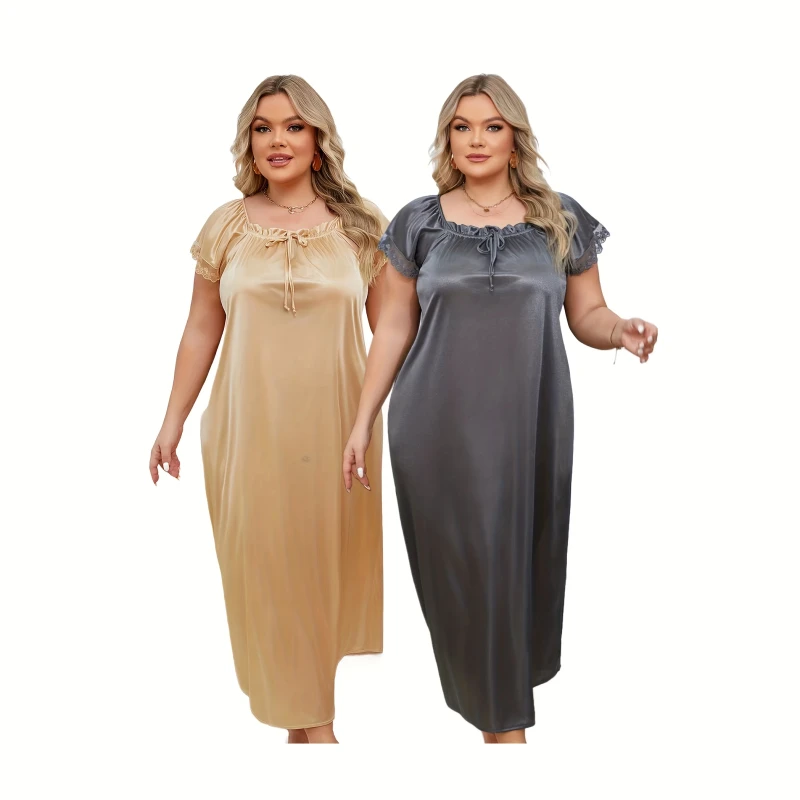 Women's Summer Pajamas Stylish Loose Short Sleeved Nightdress Ice Silk Elastic Waist ODM Supply
