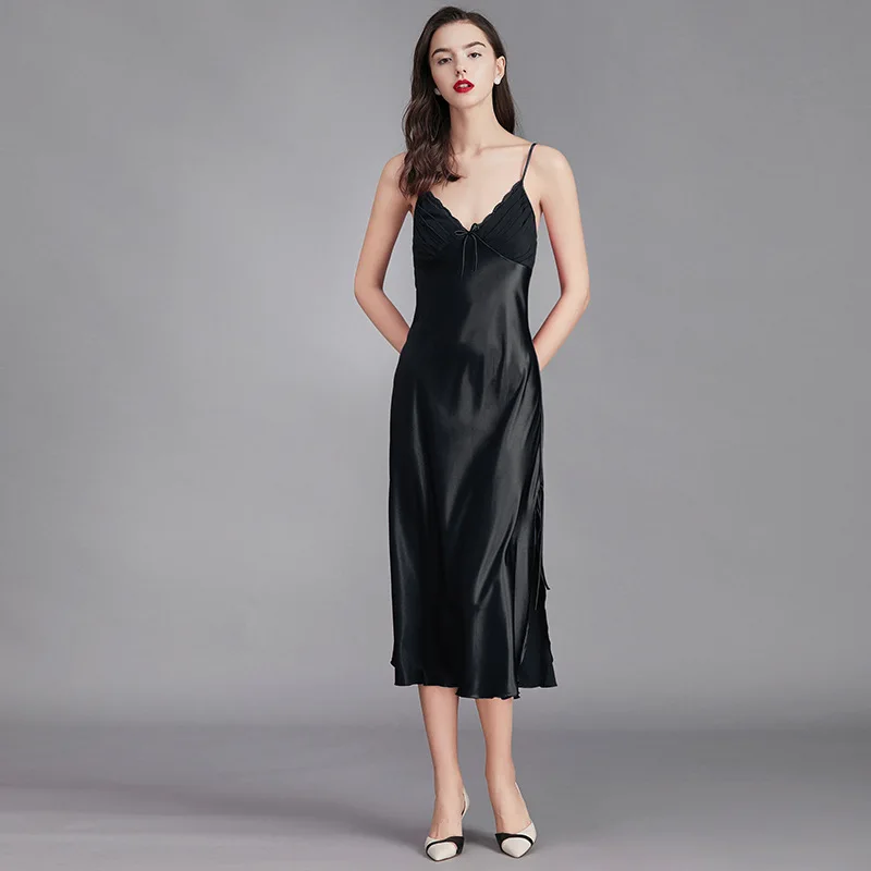 Women's Summer Polyester Ice Silk Suspender Pajamas Cool Comfortable Sexy Slit Long Nightdress Bow Knot Loungewear