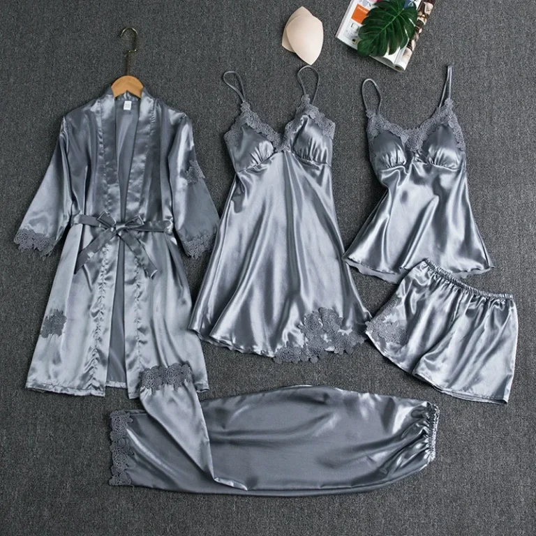 Womens-Summer-Robe-Cardigan-Pajamas-Plain-Dyed-Long-Sleeved-Satin-Bathrobe-Ice-Silk-Style-5-Piece-Set-1