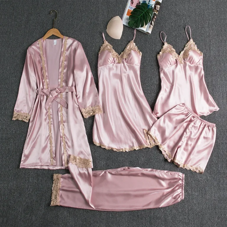 Womens-Summer-Robe-Cardigan-Pajamas-Plain-Dyed-Long-Sleeved-Satin-Bathrobe-Ice-Silk-Style-5-piece-set