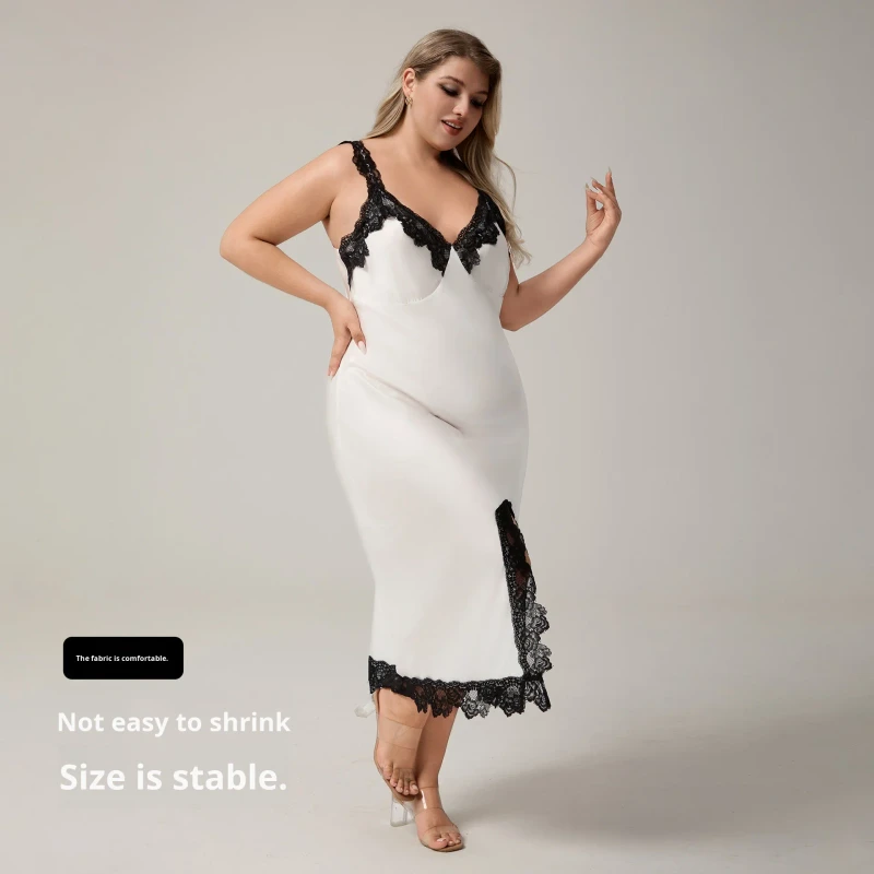 Women's Summer Satin Elastic Waist Breathable Casual Sling Pajamas Front Letter Print Sexy Split Nightwear Full Length Home