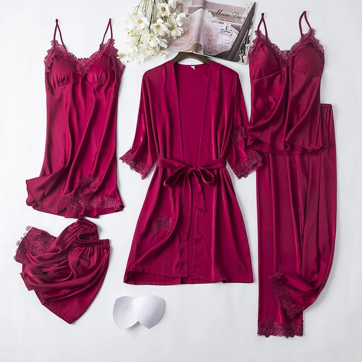 Womens-Summer-Satin-Silk-Like-5-Piece-Loungewear-Set-Sexy-Camisole-Nightgown-with-Built-in-Bra-Pads-Robe