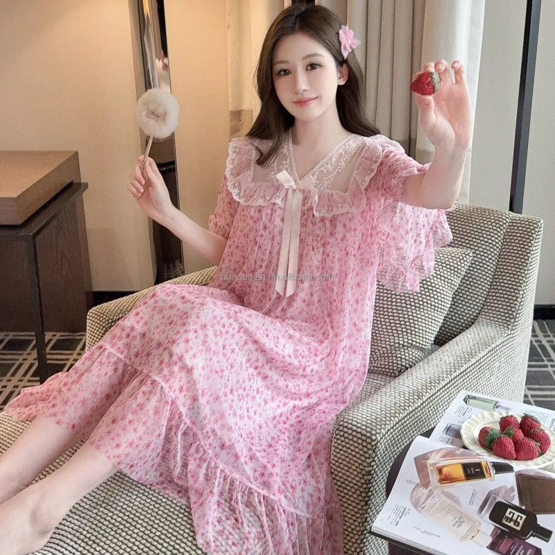Women's Summer Short Sleeve Mesh Nightgown with Floral Print Lace Edging and Bow