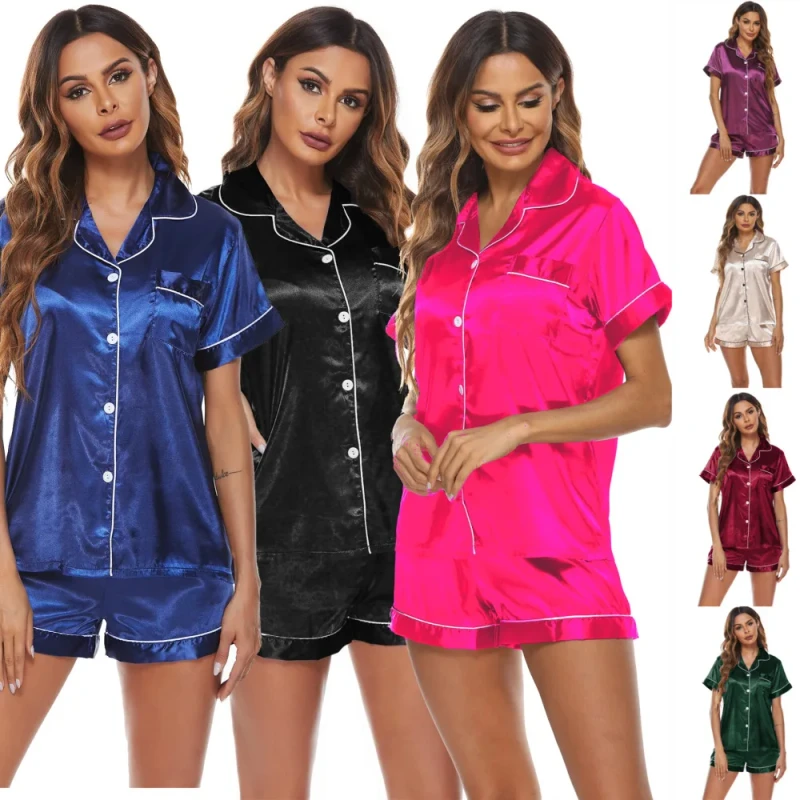Satin Lace Two-Piece Shorts Set Pajamas for Women Summer Silky Sleepwear Loungewear for Home Office