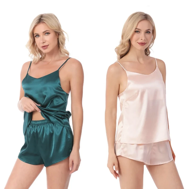Women's Summer Solid Color Silk Satin Sexy Sleep Camisole Top with Shorts Pyjamas Two Piece Lingerie Set Sleepwear