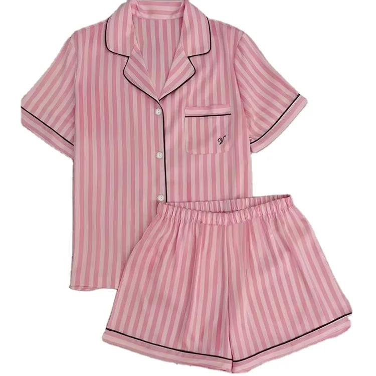 Women's Summer Style Pink Striped Two Piece Pajama Set Sweet Cute Lapel Button Design with Elastic Waist Closure