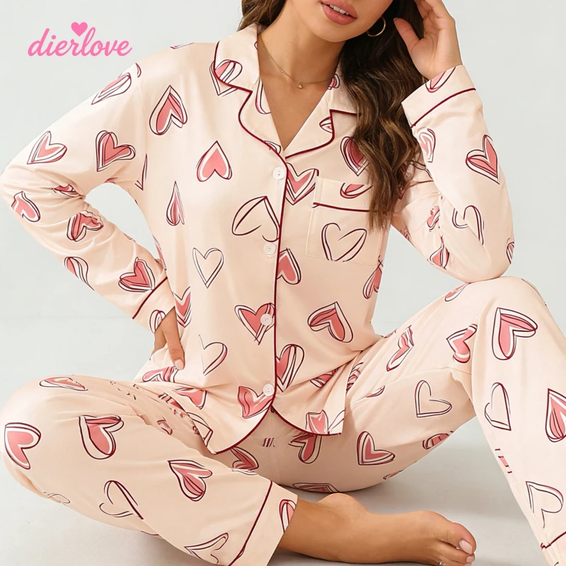 Women's Summer Valentine's Day Heart Print Satin Breathable Pajamas Set Long Sleeve Button-Down Sleepwear Romantic Loungewear