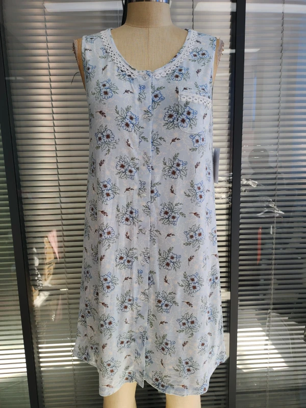 Women's Super Soft Floral Knitted Button Down Nightdress Breathable Smooth Sleeveless for Spring Summer Autumn Home