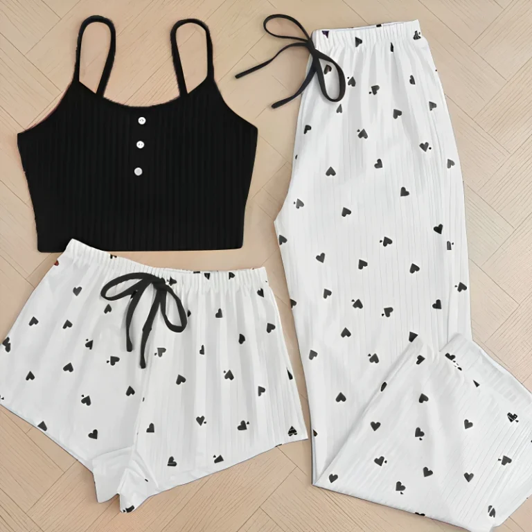 Womens-Sweet-Cute-Spring-Summer-Breathable-Camisole-Shorts-Long-Pants-Sexy-Home-Wear-Peach-Heart-3-Piece-Pajamas-Set