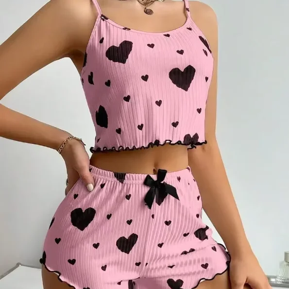 Women's Sweet Heart Print Cami Top and Shorts Pajama Set Soft Ribbed Loungewear with Ruffle Hem