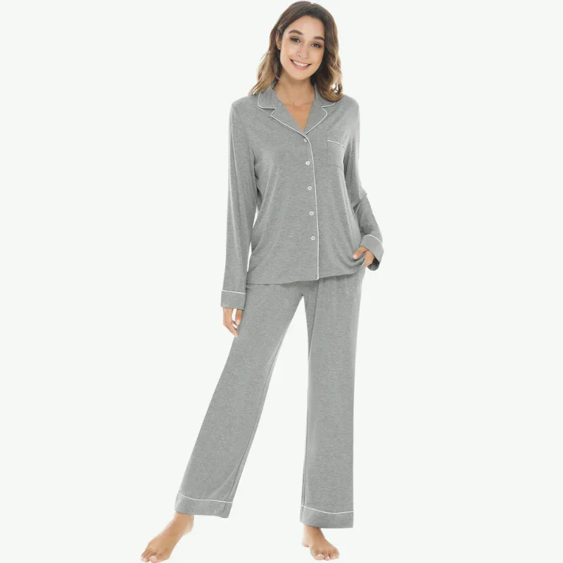 Women's Thermal Pajamas Set Long Pants White Piping 2 Piece 100% Bamboo Fiber Nightwear Loungewear
