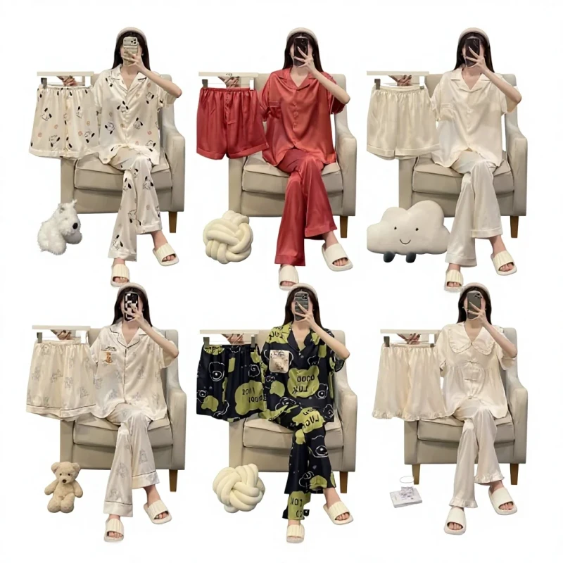 Women's Three Piece Mixed Pajama Set Cute Cartoon Design Elastic Waist Woven Short Sleeved Cardigan Long