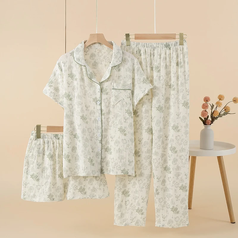 Women's Three Piece Pajama Set Short Sleeved Trousers Elastic Waist Sleepwear for Spring Summer Sizes M and XL Available