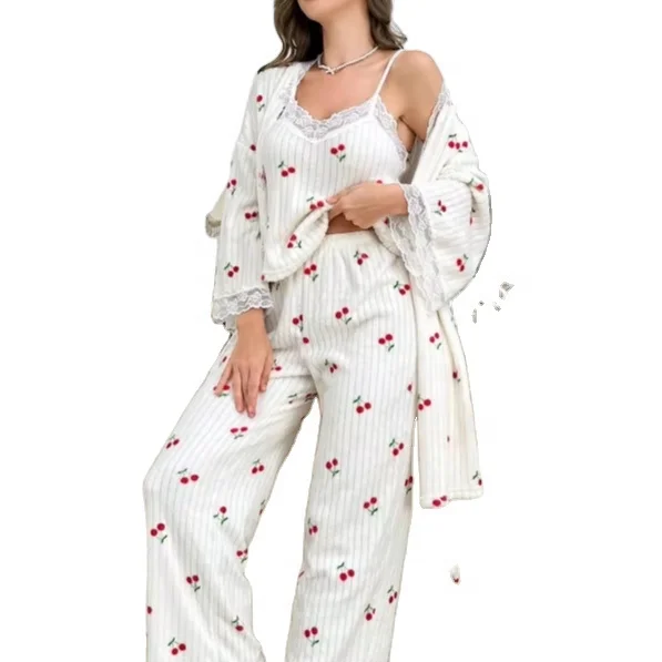 Women's Three Piece Spring Flannel Pajama Set with Cherry Lace Trim V Neck Bathrobe Elastic Waist Closure Size 6XL