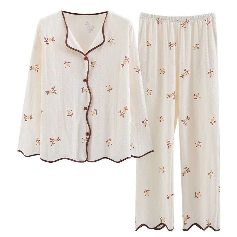 Women's Twist Floral Turn-down Collar Cardigan Pajama Set Long Sleeve Homewear 3pcs