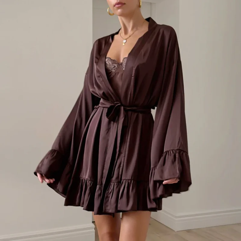 Womens Two-piece Loungewear Set Satin Ice Silk Camisole Nightdress + Ruffled Long-sleeve Tie Robe