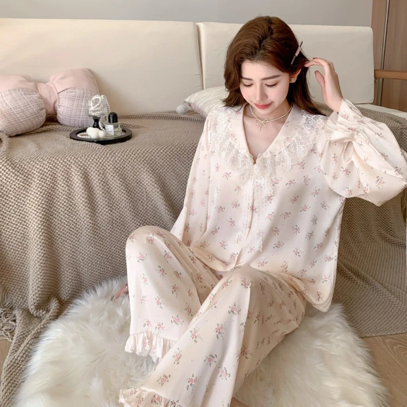 Women's V Neck Long Sleeve Satin Fabric Pajamas Polka Dot Print Soft Smooth Breathable Quick Dry Elastic Waist Casual