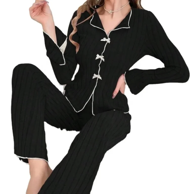 Womens-Warm-Homewear-Elegant-Ribbed-V-Neck-Bow-Embellished-T-Shirt-Flared-Pants-Two-Pieces-Set-Loungewear-Soft-Sleepwear