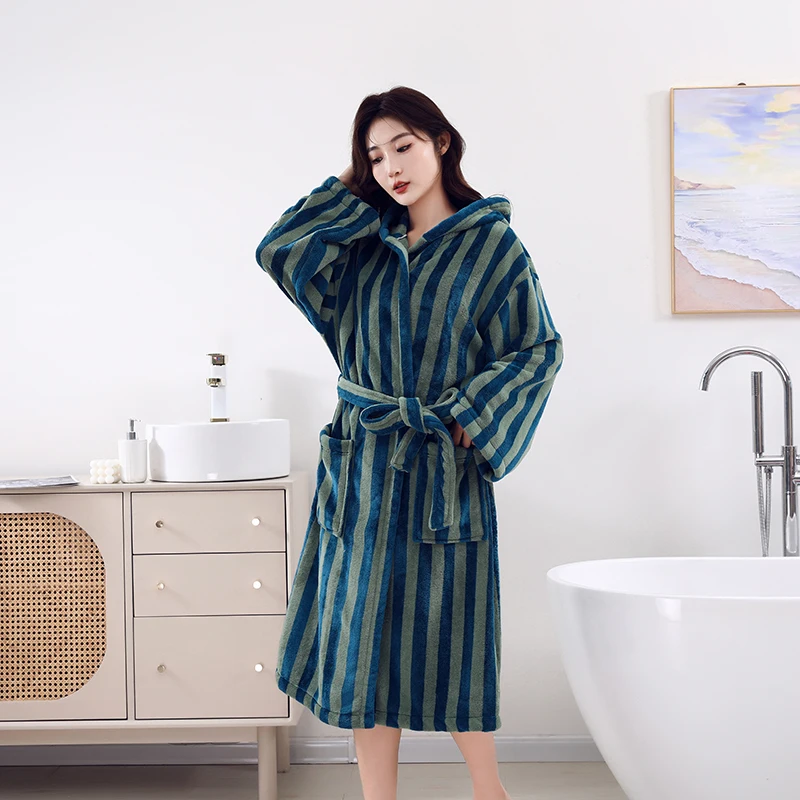 Women's Warm Long Winter Bathrobe Set Stripe Home Loungewear with Front Logo Dressing Gown