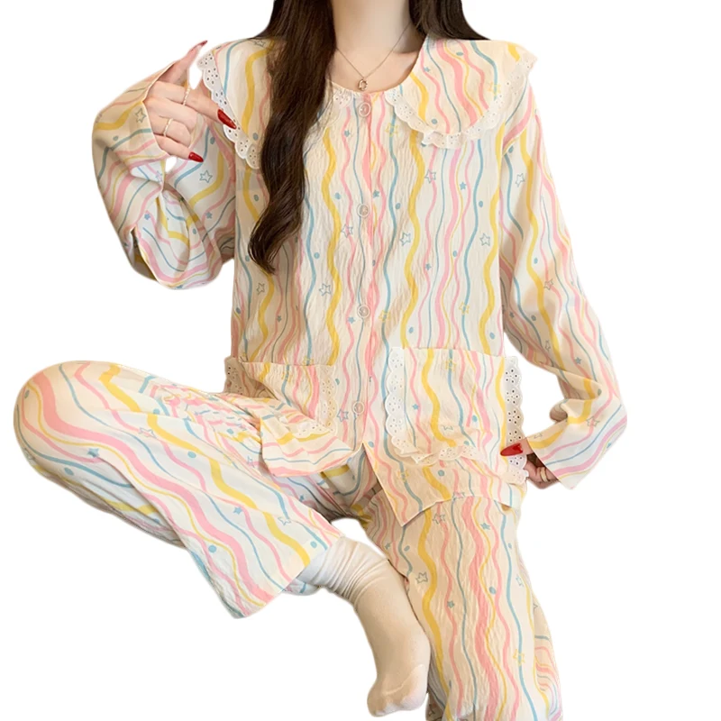 Women's Wavy Color blocked Pajamas Long-sleeve Top And Long Pants Set With Two Pockets