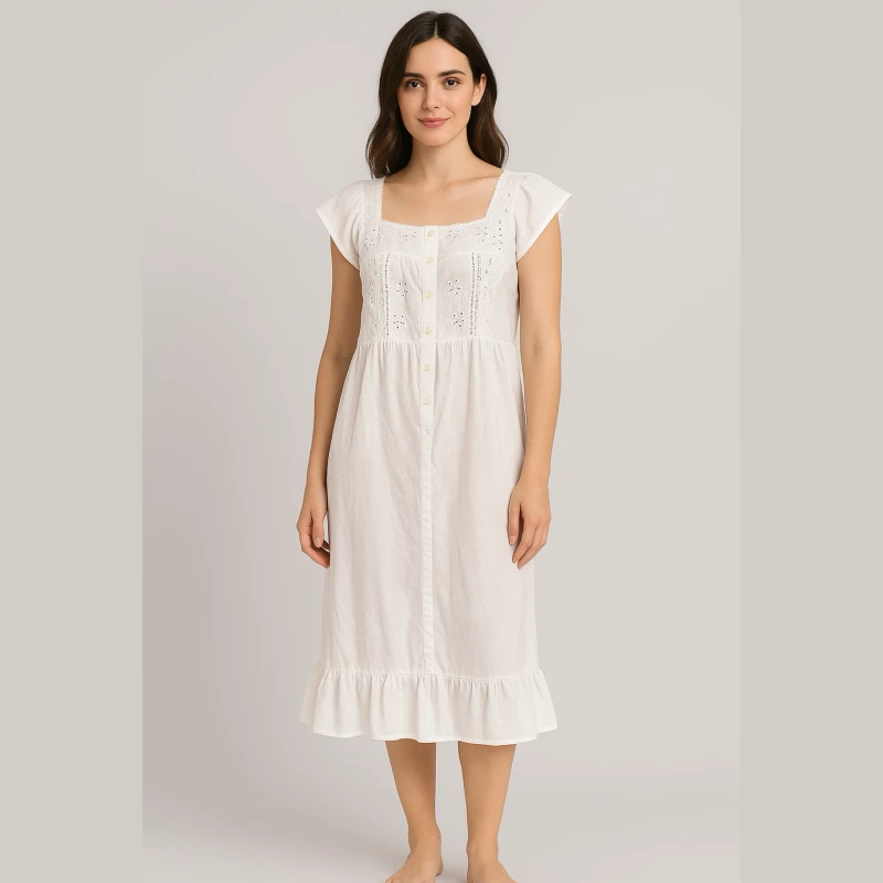 Women's White Cotton Nightdress Cap Sleeves Ruffled Hem Embroidered Lace Yoke Full Button Front