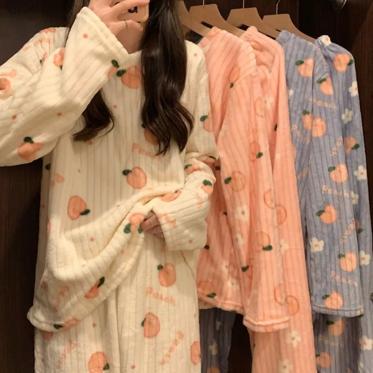 Womens-Winter-2-Piece-Pajamas-Set-Cartoon-Peach-Print-Coral-Fleece-Long-Sleeve-Warm-Soft-Comfortable-Loungewear