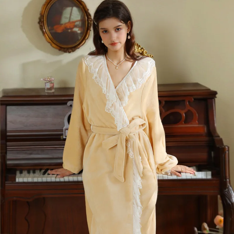 Women's Winter Bathrobe Lace Ruffles Long Sleeve Thicken Ladies Dressing Gown V Neck Fleece Kimono for Female Robe
