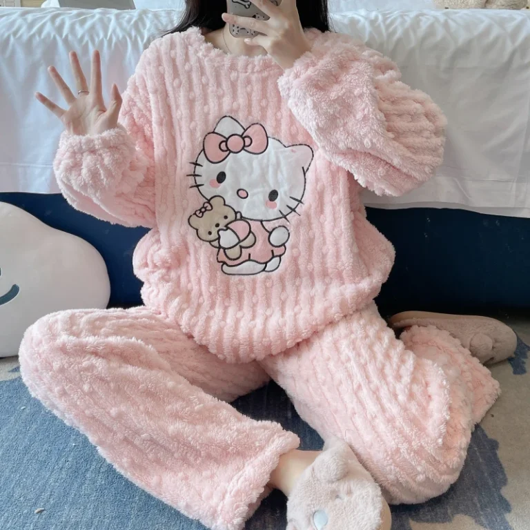 Womens-Winter-Cat-Cartoon-Cora-Fleece-Pajamas-Elastic-Waist-Long-Sleeve-Home-Clothes-Nightwear-Front-Logo-for-Autumn-and-Spring
