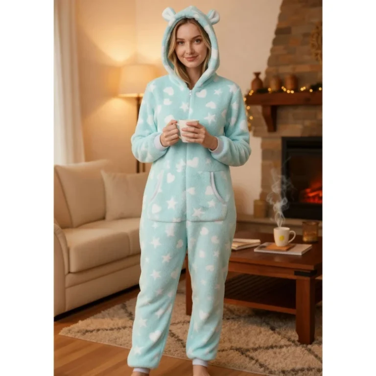 Womens-Winter-Thermal-Flannel-Warm-Long-Sleeve-Long-Pants-One-Piece-Plush-Thickened-Hooded-Stars-and-Hearts-Pattern-Pajamas