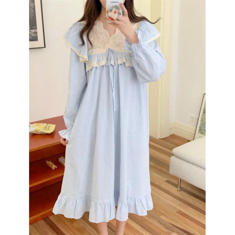 Womens-new-fall-pajamas-women-simple-striped-V-neck-lace-patchwork-long-sleeve-home-dress-set-women