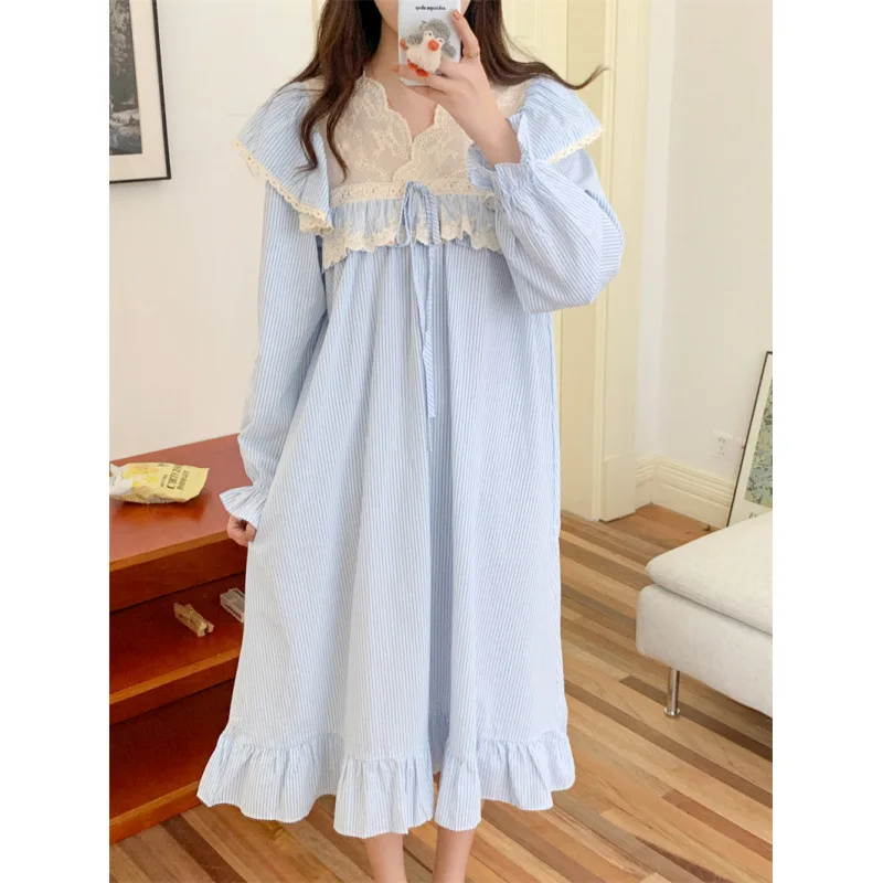 Women's new fall pajamas women simple striped V neck lace patchwork long sleeve home dress set women
