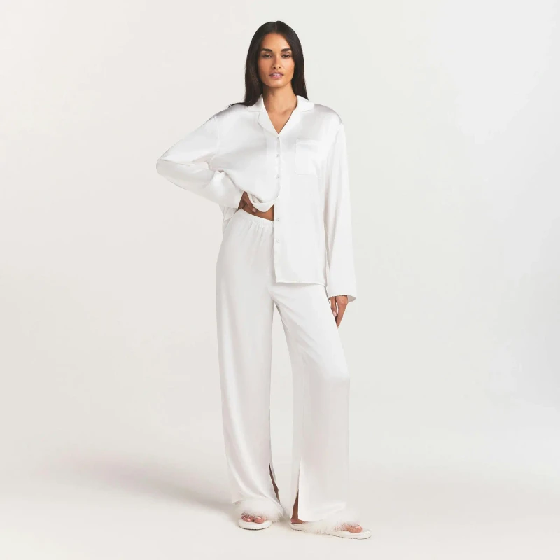 Woven Shine Lounge Wear Women's Silk Pajamas Set Silk 100% Long Sleeved Pajamas Two-piece Set of Silk Home Clothing