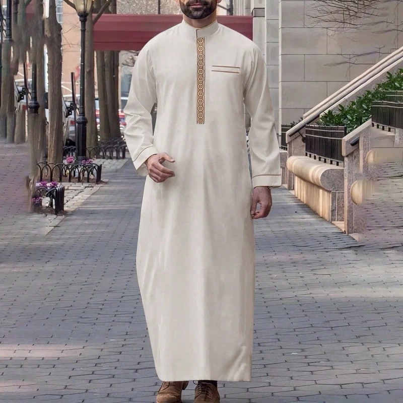 Wrinkle Resistant Islamic Stand Collar Embroidered Men's Robe for Small Clothing Store Stocking