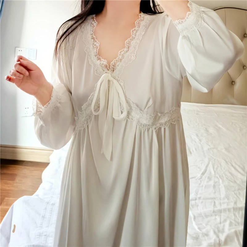 XL 4XL 60 105Kg Plus Size Long Sleeve Nightdress with Lace Accents Pajamas