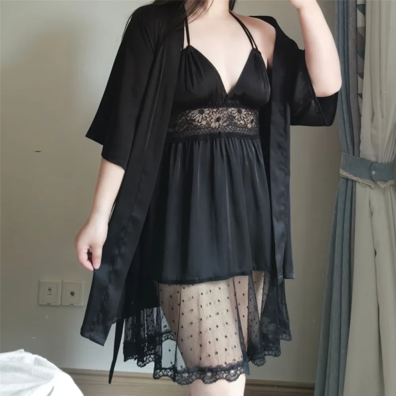 XL 4XL 60 120KG Black 2 Piece Satin Gown Robe with Sheer Lace Pajamas for Sleepwear