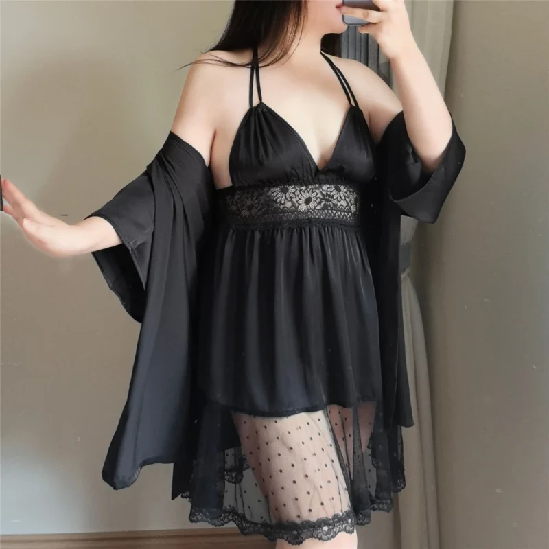 XL 4XL 60 120KG Plus Size Black Satin 2 Piece Nightdress Pajamas for Sleepwear