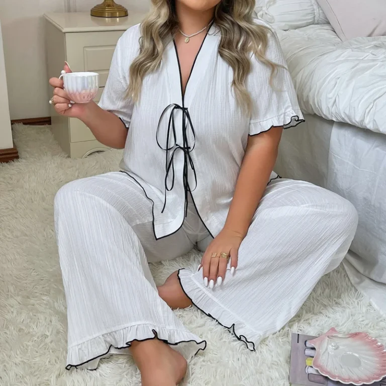 XL-4XL-Premium-Plus-Size-Womens-V-Neck-Tie-Pajama-Set-Short-Sleeve-Long-Pants-Nightgowns-Soft-Breathable-Plain-Dyed