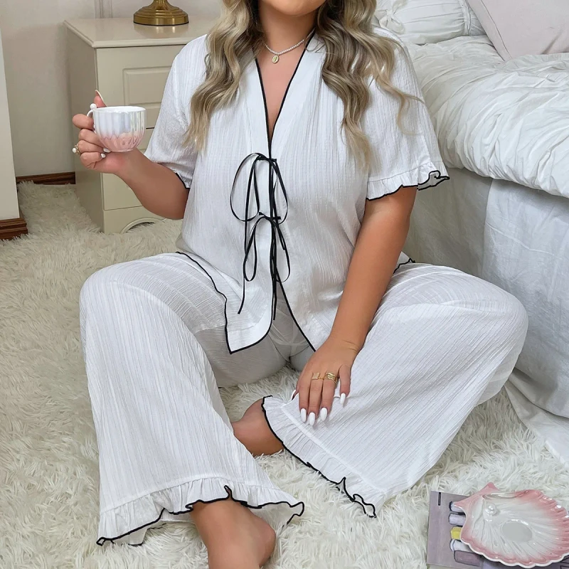 XL 4XL Premium Plus Size Women's V Neck Tie Pajama Set Short Sleeve Long Pants Nightgowns Soft Breathable Plain Dyed