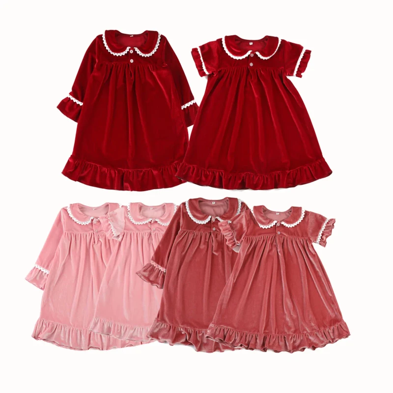 Xmas Velvet Solid Color Peter Pan Collar Smock Kids Girls Mom and Me Nightdress Christmas Pajamas
