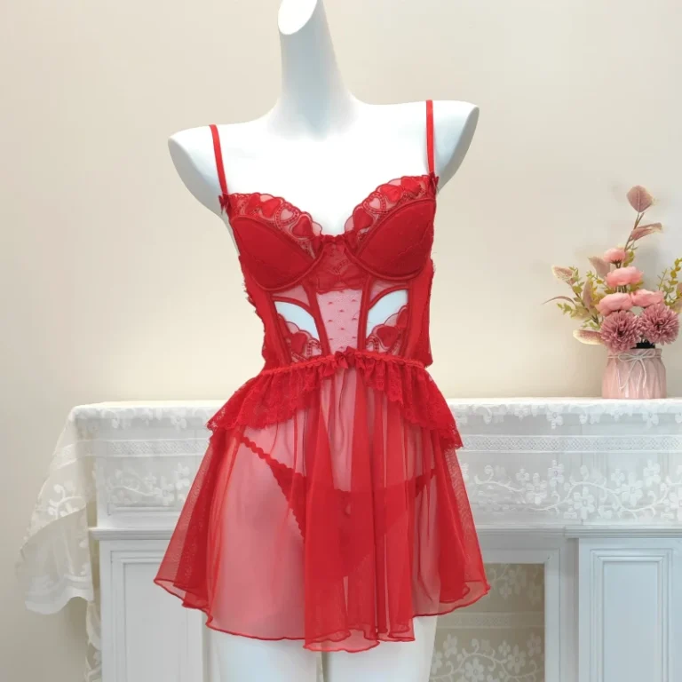 YCH-High-End-Semi-Transparent-Lingerie-with-Chest-Pads-Sexy-Camisole-Red-Womens-Camisole-Nightdress