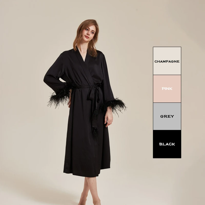 YUNCHI 5704 Light Luxury Pajamas Women's Spring Summer Ice Silk Robe Silk Loose Home Clothes Detachable Camel Feather Robe Set