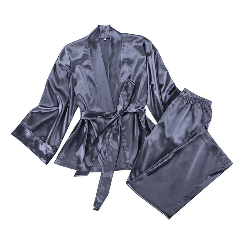 YUNCHI Elegant Spring Autumn Woven Solid Color Women's Long Sleeve Breathable Home Furnishing V Neck Cardigan Pajama Set