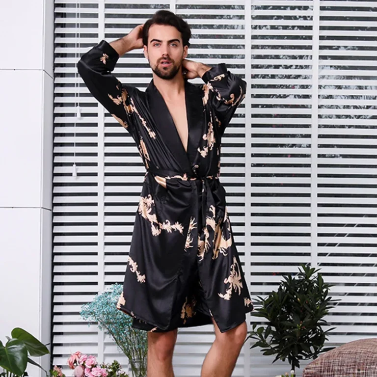 Yukata-Mens-Breathable-Imitated-Silk-Fabric-Bathrobe-Long-Sleeves-Pockets-European-American-Style-Large-Size-Summer-Nightgown