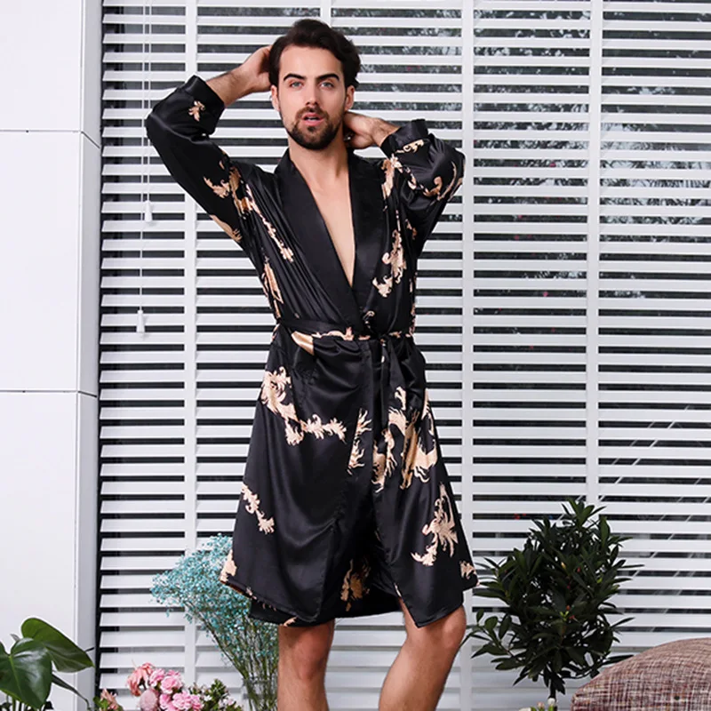 Yukata Men's Breathable Imitated Silk Fabric Bathrobe Long Sleeves Pockets European American Style Large Size Summer Nightgown