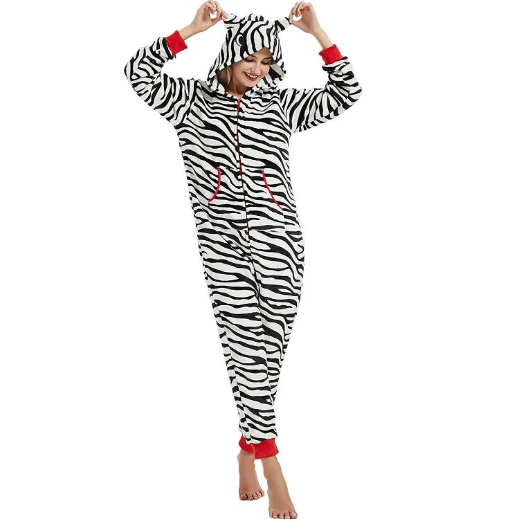 Zebra Printing Onesie Pajamas Ladies Adult One piece Cartoon Cosplay Rompers Plush One piece Costume Pijamas