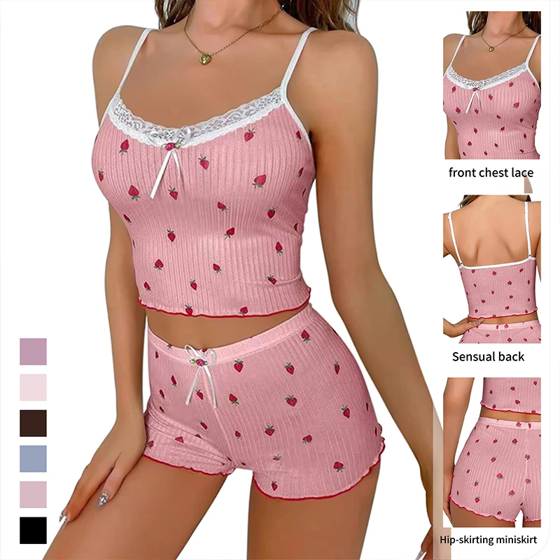 pink Camisole Top and Shorts Set Lace Neck Women's Backless Rib Knit Pajama Sets Bow Strawberry Printed Homewear