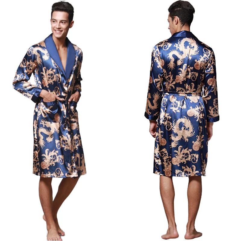pyjamas supplier Men's Floral Pattern Ice Silk Nightgown XXL Size Thermal Woven Fabric Customizable Logo for Spring Season Use in Hotels